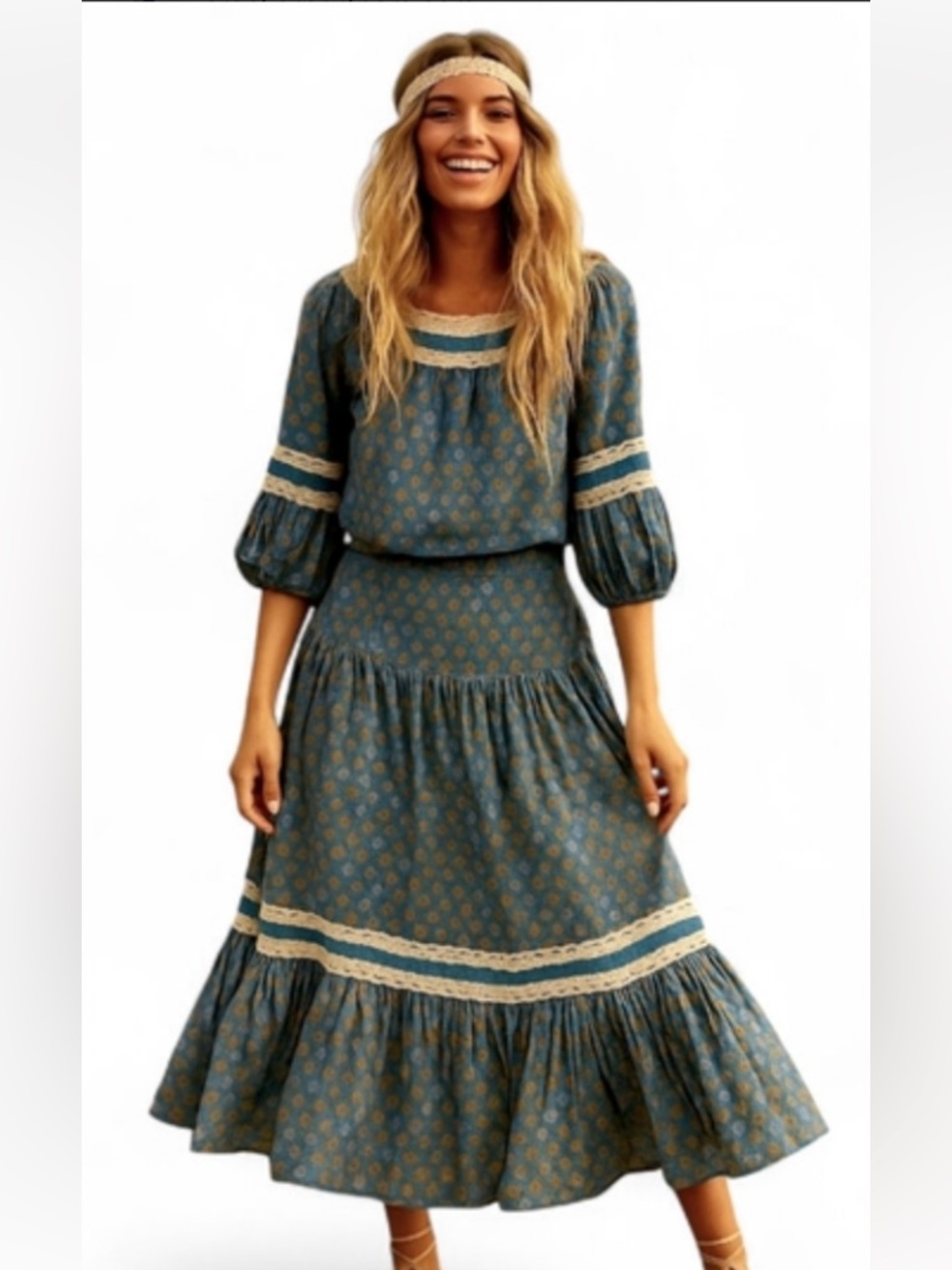 Bohemian Teal Floral Lace-Trim Skirt Set